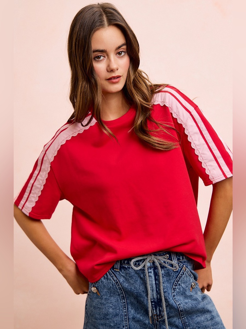 BiBi French Terry Side Lace Detail Short Sleeves Top - Picture 10 of 15